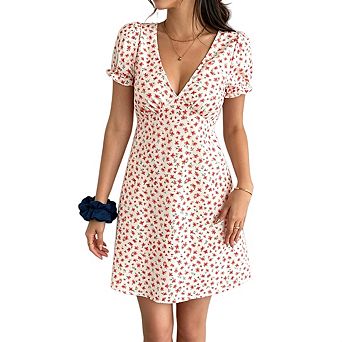 Women's Deep V Neck Puff Sleeve Mini Dress Backless Tie Back Mini Sundress