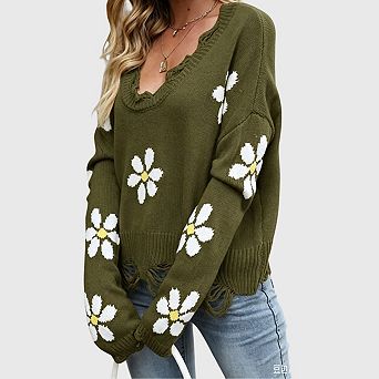 Women's Fall V Neck Florl Pullover Sweater Long Sleeve Ribbed Knit Loose Fit Casual Outfits
