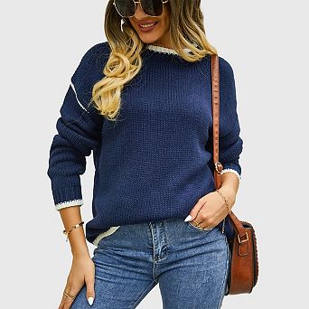 Womens Oversized Pullover Sweaters Crewneck Long Sleeve Colorblock Drop Shoulder Warm Outfits