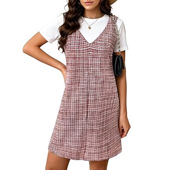 Women's V Neck Elegant Tweed Plaid Pinafore A Line Sleeveless Midi Dress