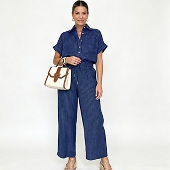 Women Vertical Stripe Lapel Short Sleeve Drawstring Waist Wide Leg Pants Casual Two Piece Outfit Set