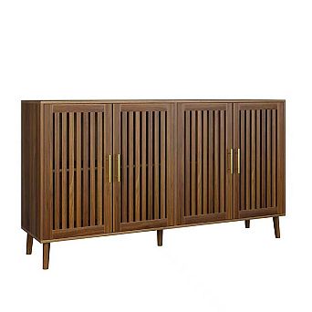 63" Grille-Striped Walnut Sideboard Buffet Cabinet with Storage, Multifunctional