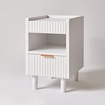White Fluted Wood Nightstand with Drawer and Open Storage for Living Room, Bedroom