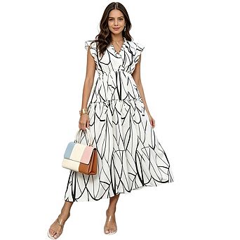 Women Cap Sleeve V Neck Smocked Wedding Guest Graduation Casual Sundresses