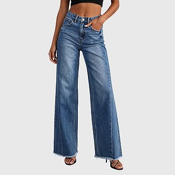 Women's Wide Leg Jeans High Waisted Side Seam Raw Hem Full Length Boyfriend Baggy Denim Pants