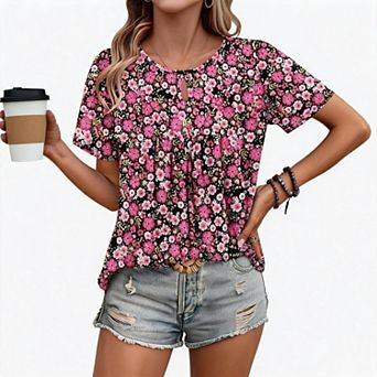 Women Floral Print Blouse Keyhole Crew Neck Short Sleeve Casual Loose Fit Tunic Top