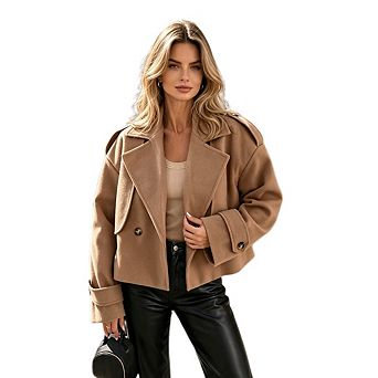 Women's Casual Double Breasted Epaulet Jacket Notched Lapel V Neck Long Sleeve Crop Coats