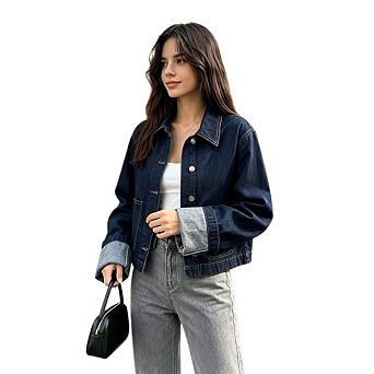 Women's Casual Lapel V Neck Jean Jacket Long Sleeve Button Down Cropped Coats With Pockets