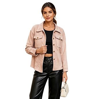 Women's Casual Faux Suede Lapel Long Sleeve Jacket Metal Button Down Coats With Flap Chest Pockets