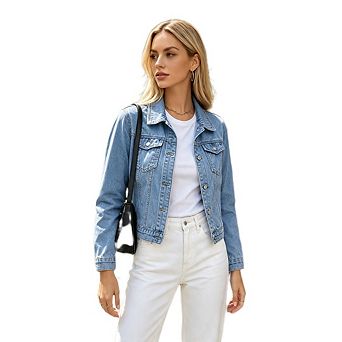 Women's Casual Lapel V Neck Jean Jacket Long Sleeve Button Down Coats With Pockets