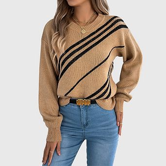 Womens Striped Sweaters Fall Winter Casual Ribbed Knit Crewneck Lightweight Cozy Pullovers
