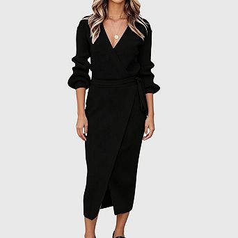 Women's Midi Sweater Dresses Wrap v Neck Long Batwing Sleeve Slit Bodycon Dress with Belt
