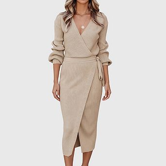 Women's Midi Sweater Dresses Wrap v Neck Long Batwing Sleeve Slit Bodycon Dress with Belt