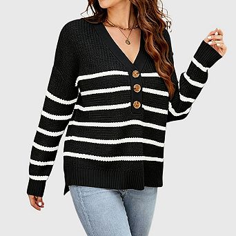 Womens Fall Striped Hoodie Sweaters v Neck Button Down Loose Fit Long Sleeve Pullover Hooded Top