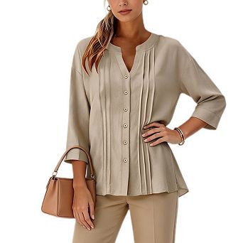 Women's V Neck 3/4 Sleeve Button Down Loose Pleated Blouse Roll Up Sleeve Casual Tops