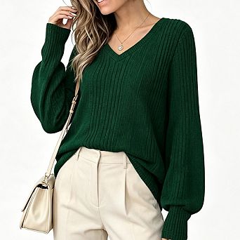 Women's Ribbed V Neck Long Sleeve Loose Fit Tunic Shirt Casual Daily Office Work Tops