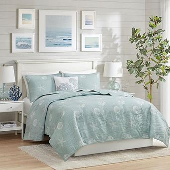 GDFStudio 4 pc Cotton Reversible Embroidered Quilt Set with Coastal Starfish Motif
