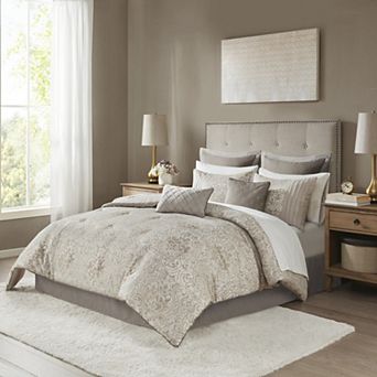 GDFStudio 12 pc Jacquard Comforter Set with Damask Pattern & Metallic Gold Thread