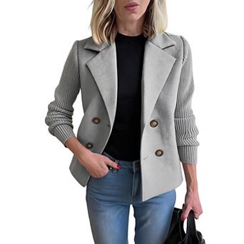 Women Lapel Double Breasted Blazer Mixed Ribbed Knit Long Sleeve Cropped Jacket