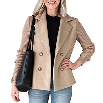 Women Lapel Double Breasted Blazer Mixed Ribbed Knit Long Sleeve Cropped Jacket
