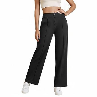 Women Pants High Waist Button Fly Vertical Seam Wide Leg Straight Office Trousers