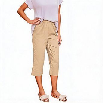 Women Pants Elastic High Waist Linen Blend Cropped Side Pocket Casual Trousers