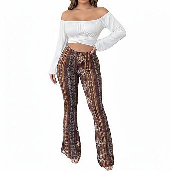 Women Pants Boho Print High Waist Stretch Casual Vacation Trousers