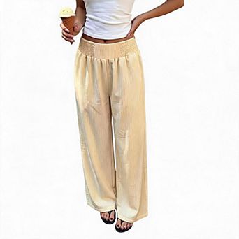 Women Pants Ribbed Elastic Waist Vertical Stripe Wide Leg Flowy Casual Daily Trousers