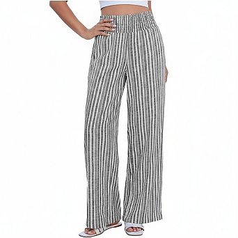 Women Pants Smocked Elastic Waist Vertical Stripe Wide Leg Linen Casual Trousers