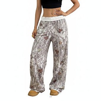 Women Pants Elastic Waist Leaf Print Wide Leg Contrast Band Casual Street Trousers