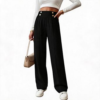 Women Pants High Waist Double Button Decor Pleated Wide Leg Office Dress Trousers