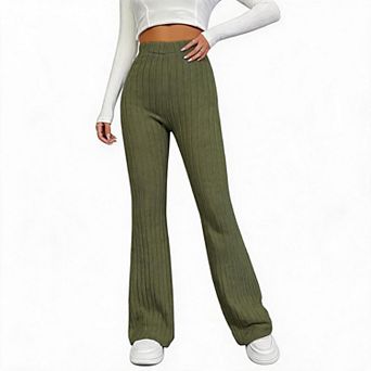 Women Pants High Waist Ribbed Knit Full Length Stretch Casual Leggings