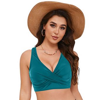 Women Teal Twist Front Bikini Top V-Neck Ruched Sleeveless Swim Top