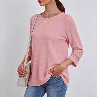 Women's Crew Neck Waffle Knit Lace Crochet 3/4 Sleeve Blouses, Spring Summer Dressy Casual Tops