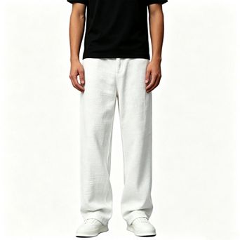 Men Linen Wide Leg Casual Pants Elastic Waist Label Decor Loose Fit Straight Trousers Daily Wear