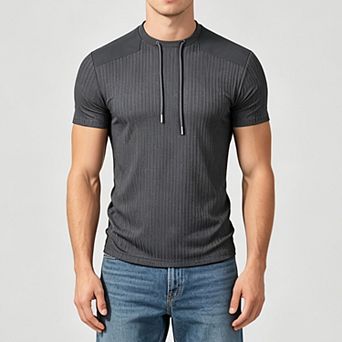 Men Ribbed Drawstring Crew Neck Short Sleeve Fitted Athletic T-Shirt Patch Shoulder Sport Casual Top
