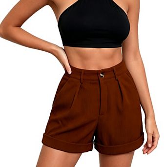Women High Waist Shorts Pleated Wide Leg Roll Cuff Hem Casual Straight Fit Shorts