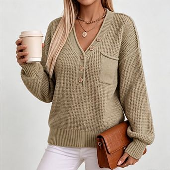 Women's v Neck Button Front Sweater Dressy Casual Waffle Knit Long Sleeve Pullover Tops