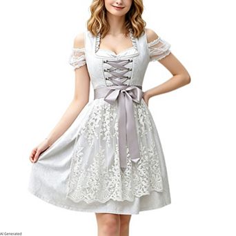 Dirndl Dress Women's Jacquard Lace Cold Shoulder Oktoberfest 3 pc Outfit Party