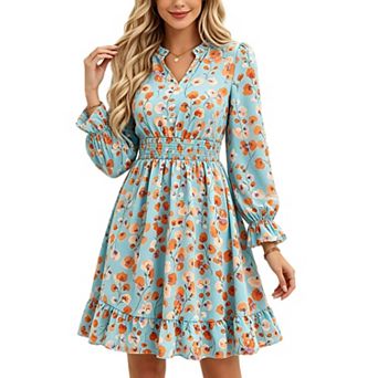 Women's Floral Long Sleeve Smocked Waist Dress A Line Ruffle Hem Midi Dress Casual Daily