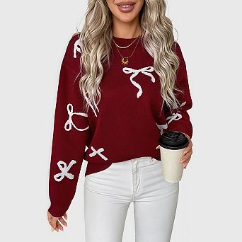 Women Long Sleeve Cute Bow Sweaters Casual Chunky Crew Neck Loose Fit Pullovers Outifts
