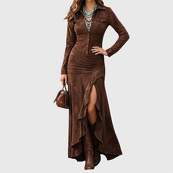 Womens Faux Suede Maxi Dress v Neck Long Sleeve Fall Western Slit Party Long Dress