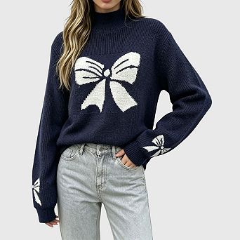 Women Bow Sweater Long Sleeve Crew Neck Lightweight Fall Winter Pullover Tops