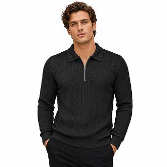 Mens Quarter Zip Polo Collar Sweater Cable Knit Textured Long Sleeve Casual Pullover Shirt
