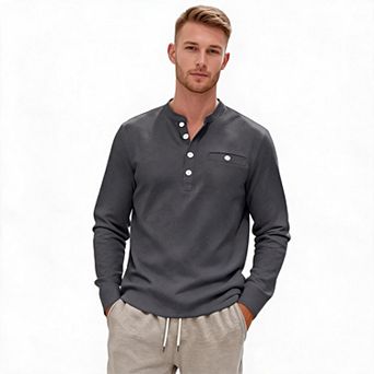 Mens Long Sleeve Henley Shirt Stand Collar Button Placket Chest Pocket Casual Solid Pullover Top