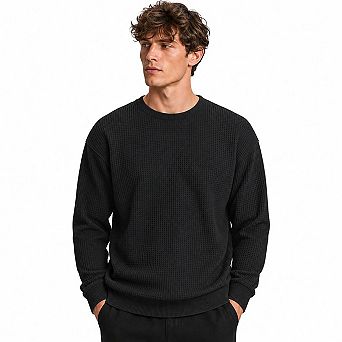 Men Crew Neck Sweatshirt Long Sleeve Waffle Knit Look Pullover Relaxed Fit Casual Top For Daily