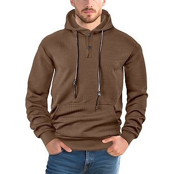 Men Henley Hoodie Long Sleeve Textured Pullover Hooded Sweatshirt With Pocket Casual Drawstring Top