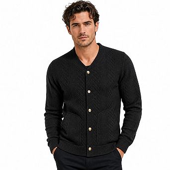 Men V Neck Cardigan Long Sleeve Button Front Cable Knit Look Jacket Casual Open Front Outerwear