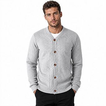 Men V Neck Cardigan Long Sleeve Button Front Cable Knit Look Jacket Casual Open Front Outerwear