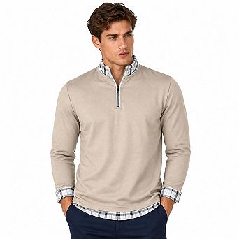 Men Quarter Zip Pullover Long Sleeve Mock Neck Plaid Trim Casual Sweatshirt Layered Look Top